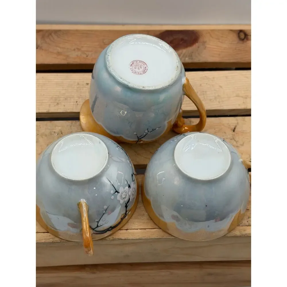 Vintage Hand-Painted Japanese Iridescent Tea Set - Pitcher and Two Cups